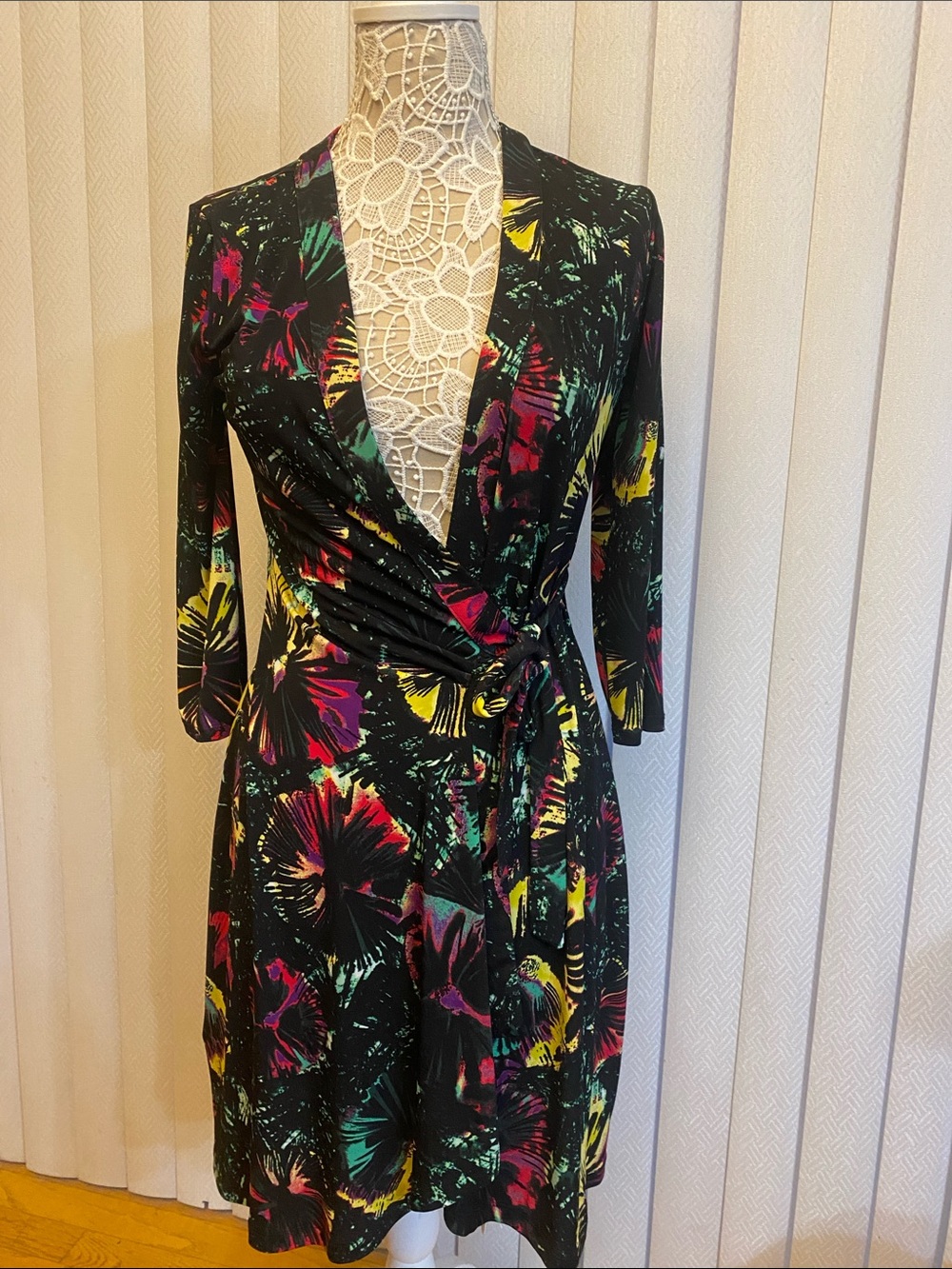 BCBGMaxAzria Black Floral Wrap Dress with Pink, Yellow, Green Accents